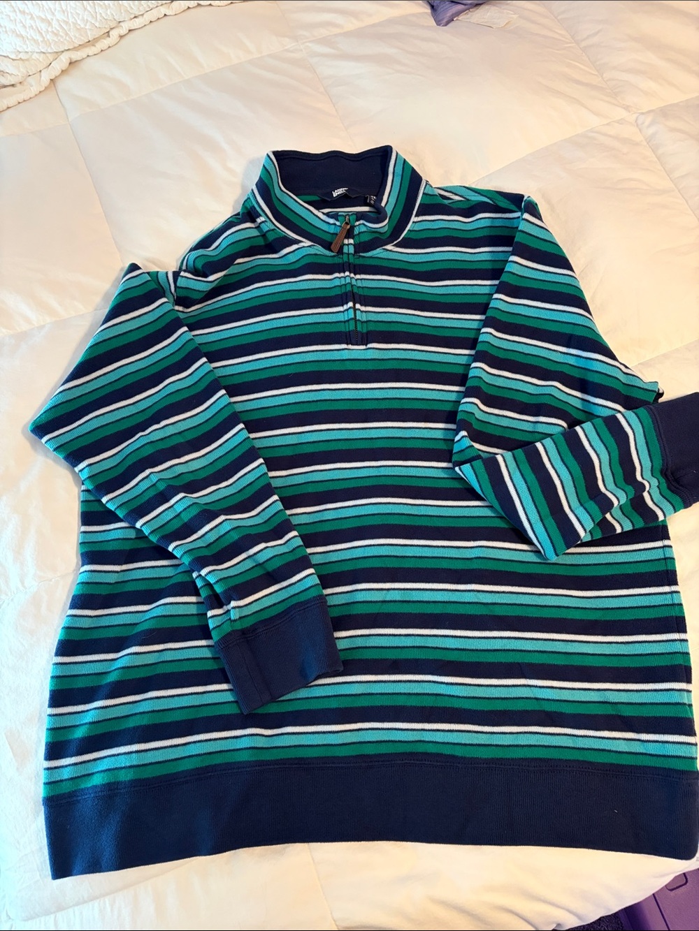 Lands' End Men’s Navy, Teal & Aqua Striped Quarter-Zip Sweater